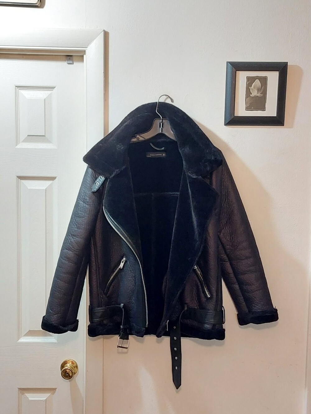 Zara Black Faux Shearling Moto Jacket Size M/L